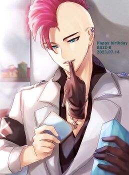 1046sstep_btoh 1boy aqua_eyes bazz-b biting bleach box brown_gloves card character_name commentary_request dated ear_piercing gift gift_box gloves happy_birthday highres holding holding_card holding_gift jacket jewelry light_smile male_focus mohawk mouth_hold necklace piercing red_hair single_glove solo upper_body white_jacket