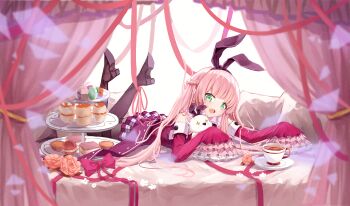 1girl :d absurdres arcaea bed black_boots black_hairband black_pantyhose boots bow braid canopy_bed commentary_request cup cupcake curtains detached_sleeves flower food frilled_sleeves frills full_body green_eyes hairband half_up_braid highres indoors kou_(arcaea) long_hair looking_at_viewer lying macaron on_bed on_stomach open_mouth pantyhose pink_flower pink_hair pink_rose pleated_skirt red_bow red_ribbon red_skirt red_sleeves ribbon rose saucer skirt smile solo stuffed_animal stuffed_toy tea teacup thigh_boots tiered_tray very_long_sleeves xy_wang