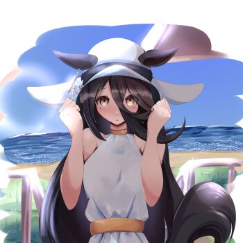 01_leesuke 1girl beach black_ribbon dress ear_ornament ear_tag earrings ears_through_headwear hair_between_eyes hands_up hat hat_ribbon highres horse_girl jewelry long_hair_between_eyes manhattan_cafe_(umamusume) ocean ribbon sand single_earring sleeveless sleeveless_dress solo sun_hat umamusume white_dress white_hat yellow_eyes
