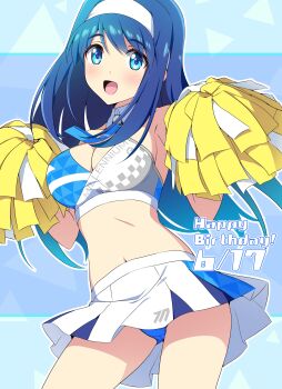 Rule 34 | 1girl, absurdres, blue archive, blue eyes, blue hair, blue panties, blush, breasts, cheering, cheerleader, crop top, dated, futaba aoi (vividred operation), hairband, happy birthday, highres, holding, holding pom poms, long hair, midriff, miniskirt, navel, nonbe, open mouth, panties, pleated skirt, pom pom (cheerleading), pom poms, skirt, smile, underwear, vividred operation, white hairband, white skirt