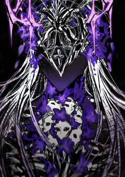 1girl alternate_color alternate_universe bad_end black_background commentary doll english_commentary faceless flower head_ornament herta_(honkai:_star_rail) highres honkai:_star_rail honkai_(series) irontomb long_hair monochrome multiple_heads purple_flower raiholic ribs skull star_(symbol) the_herta_(honkai:_star_rail)