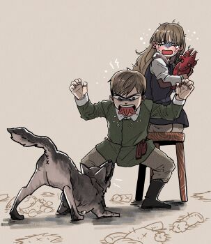 1boy 1girl afterimage aged_down black_footwear blue_dress boots broken brother_and_sister brown_hair child crying dog dress dungeon_meshi falin_touden falin_touden_(tallman) green_tunic grey_background grey_hair grey_pants hands_up highres holding holding_stuffed_toy janbanclear kneeling korean_commentary laios_touden legs_apart long_hair long_sleeves messy_hair on_stool open_mouth pants patchwork_clothes protecting saliva sash scared shirt short_hair siblings simple_background stool stuffed_animal stuffed_dragon stuffed_toy tongue tongue_out tunic white_shirt