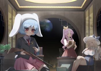 3girls :o absurdres animal_ears black_jacket black_thighhighs blonde_hair blue_hair blue_skirt breasts closed_eyes commentary crossed_legs cup dress earth_(planet) gun highres holding holding_cup holding_weapon indoors jacket large_breasts legs long_hair long_sleeves lunar_capital_(touhou) medium_hair multiple_girls no_noru pink_hair pink_skirt planet ponytail rabbit_ears rabbit_girl rabbit_tail red_dress red_eyes reisen_(touhou_bougetsushou) rifle shirt short_sleeves skirt tail thighhighs thighs touhou watatsuki_no_toyohime watatsuki_no_yorihime weapon white_shirt