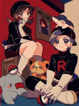 1boy 1girl black_eyes black_hair black_shirt black_skirt blush blush_stickers boots brown_eyes brown_hair closed_mouth cyndaquil ethan_(pokemon) gen_2_pokemon gloves great_ball hand_on_own_chin highres holding holding_poke_ball looking_at_viewer lyra_(pokemon) medium_hair mikakami1e nintendo on_head phanpy poke_ball poke_ball_(basic) pokemon pokemon_(creature) pokemon_hgss pokemon_on_head shirt short_hair silver_(pokemon) sitting skirt smile team_rocket team_rocket_uniform teddiursa twintails white_footwear white_gloves