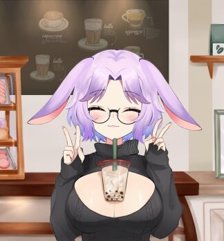 animal_ears animated blue_hair breasts bubble_tea cup closed_eyes freckles glasses indie_virtual_youtuber live2d lolidango multicolored_hair pale_skin purple_hair rabbit_ears rabbit_girl revealing_clothes smile solo usami_shina v virtual_youtuber white_hair