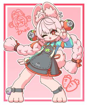 1girl animal_ears braid character_name commentary full_body furry furry_female hair_ornament long_hair one_eye_closed open_mouth pink_background pink_hair rabbit_ears rabbit_girl solo v yude_unagi zenless_zone_zero zhao_(zenless_zone_zero)