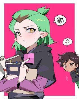 2girls ? amity_blight ban45601 bangs_pinned_back book brown_hair closed_mouth dark-skinned_female dark_skin green_hair half_updo hexside_school_uniform highres holding holding_book long_sleeves luz_noceda multiple_girls paper pink_background pointy_ears school_uniform short_hair simple_background spoken_question_mark spoken_squiggle squiggle the_owl_house yellow_eyes