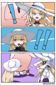 ! !! +_+ 2girls absurdres black_gloves blonde_hair blue_eyes commentary crossover dress duet_night_abyss english_commentary filbert_(duet_night_abyss) gloves hand_up hat highres look-alike meme multiple_girls open_mouth phoebe_(wuthering_waves) pointing pointing_at_another pointing_spider-man_(meme) purple_eyes ryeon_(naturesan) shorts thick_eyebrows trait_connection truffle_(duet_night_abyss) white_dress white_hat white_shorts wuthering_waves