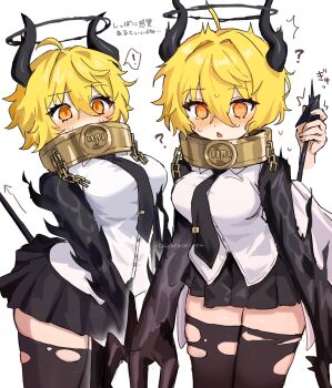 ! 1girl ? @_@ ahoge black_claws black_halo black_hands black_horns black_necktie black_skirt black_tail black_thighhighs blonde_hair blush breasts broken broken_chain chain claws collar collared_shirt colored_extremities demon_tail disembodied_hand don_quixote_(project_moon) e.g.o_(project_moon) gold_chain gold_collar hair_between_eyes halo highres horns index_(identity)_(project_moon) limbus_company metal_collar multiple_views necktie open_mouth oversized_forearms oversized_limbs pleated_skirt procuration_(e.g.o) project_moon ro/ku shirt short_hair simple_background skirt spoken_exclamation_mark sweat tail tail_grab thighhighs torn_clothes torn_thighhighs twitter_username white_background white_shirt yellow_eyes