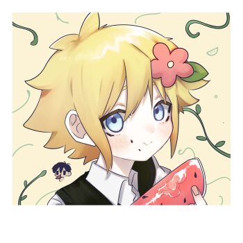 2boys antenna_hair basil_(faraway)_(omori) basil_(omori) blonde_hair blue_eyes blush chibi closed_mouth collared_shirt flower food fruit green_sweater_vest hair_between_eyes hair_flower hair_ornament highres holding holding_food holding_fruit holding_watermelon looking_at_viewer male_focus multiple_boys nata_kadu omori shirt short_hair sidelocks sunny_(omori) sweater_vest upper_body watermelon watermelon_slice white_shirt