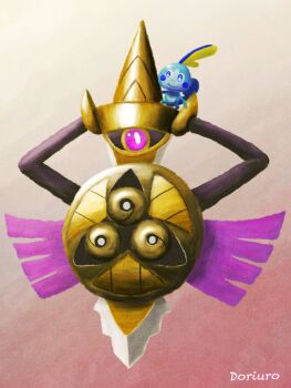 aegislash commentary_request doriuro fins floating gen_6_pokemon gen_8_pokemon head_fins highres holding holding_shield nintendo on_head one-eyed pokemon pokemon_(creature) pokemon_on_head purple_eyes shield sobble sword tail weapon