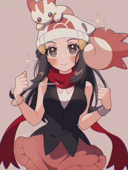 1girl alternate_color black_eyes black_hair black_shirt blush clenched_hands closed_mouth dawn_(pokemon) gen_4_pokemon hair_ornament hairclip hat long_hair mikakami1e nintendo on_head pachirisu pink_skirt pokemon pokemon_(creature) pokemon_dppt pokemon_on_head red_scarf scarf shiny_pokemon shirt skirt sleeveless sleeveless_shirt smile twitter_username white_hat
