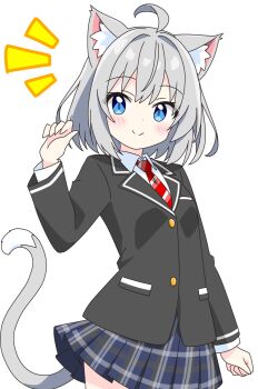 1girl ahoge animal_ear_fluff animal_ears black_jacket blazer blue_eyes blue_skirt blush buttons cat_ears cat_girl cat_tail closed_mouth collared_shirt commentary_request cowboy_shot dot_nose grey-haired_cat_girl_(kotatsu-mazoku) grey_hair hair_intakes hand_up highres jacket kotatsu-mazoku layered_sleeves long_sleeves looking_at_viewer miniskirt necktie notice_lines original plaid_clothes plaid_skirt pleated_skirt red_necktie school_uniform shirt short_hair simple_background skirt smile solo striped_clothes striped_necktie tail white_background white_shirt