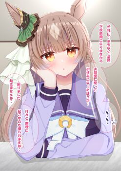 Rule 34 | 1girl, animal ears, blush, bow, bowtie, braid, breasts, brown eyes, brown hair, collarbone, commentary request, ear ornament, ear ribbon, hair between eyes, half up braid, head rest, highres, horse ears, horse girl, large breasts, long hair, long sleeves, looking at viewer, lpikamasi, multicolored hair, parted lips, purple sailor collar, purple shirt, sailor collar, sailor shirt, satono diamond (umamusume), school uniform, shirt, solo, speech bubble, streaked hair, tracen school uniform, translation request, umamusume, variant set, very long hair, white bow, white bowtie