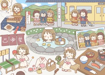 >_< 5girls :d ahoge arms_at_sides backpack bag ball basket bathing bench birthday blue_footwear blue_hair blue_scarf blue_skirt blush blush_stickers bottle bow bow_hairband brown_footwear brown_hair brown_skirt brown_sweater bush chibi chopsticks closed_eyes closed_mouth coat commentary_request eating electric_fan english_text flower flying_sweatdrops food fruit glasses hair_flower hair_ornament hairband hand_on_bench hand_up hands_up happy_birthday highres hill holding holding_food holding_ice_cream holding_suitcase holding_table_tennis_paddle hotpot ice_cream idolmaster idolmaster_cinderella_girls imagining jacket japanese_clothes key kimono long_hair long_sleeves medium_hair mifune_miyu milk milk_bottle mimura_kanako mochi mole mole_under_mouth multiple_girls muramatsu_sakura new_wave_(idolmaster) no_nose notice_lines ohishi_izumi on_bench onsen open_clothes open_jacket open_mouth orange_(fruit) outdoors own_hands_together paddle photo_(object) pink_coat pink_hairband potato red_bow red_footwear red_jacket red_scarf rice rolling_suitcase salmon scarf shirt shoes short_hair short_twintails sidelocks sign sitting skirt smile socks solo_focus standing straight_hair strawberry suitcase sweater sweetyaek table_tennis table_tennis_ball table_tennis_net table_tennis_paddle towel towel_on_head train train_station train_station_platform translation_request tsuchiya_ako twintails vacation walking white_flower white_kimono white_scarf white_shirt white_socks xd yukata