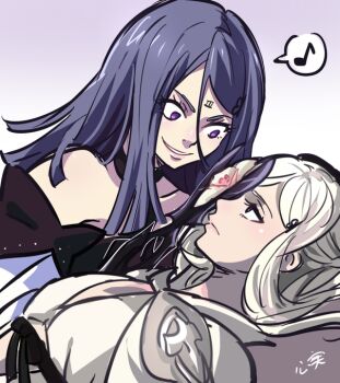 drag-on_dragoon drag-on_dragoon_3 kokomi_(aniesuakkaman) pink_eyes purple_eyes purple_hair scissors smile three_(drag-on_dragoon) white_hair zero_(drag-on_dragoon)