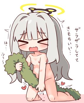 &gt;_&lt; 1girl blue_archive blunt_bangs blush closed_eyes collarbone commentary_request completely_nude female_masturbation full_body grey_hair halo hana_kazari hare_(blue_archive) heart highres kneeling long_hair masturbation nipples nude open_mouth pussy_juice simple_background solo translation_request trembling wavy_mouth white_background yellow_halo