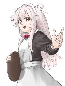 1girl :d ahoge apron bow bowtie brown_eyes commentary highres holding holding_tray long_hair long_sleeves looking_at_viewer maid maid_headdress nijiiro_unico onii-chan_wa_oshimai! open_mouth outstretched_arm oyama_mahiro red_bow red_bowtie simple_background smile solo tray white_apron white_background white_hair