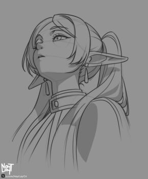 1girl artist_name capelet earrings elf frieren from_below greyscale jewelry long_hair long_sleeves monochrome nayt_layt open_mouth parted_bangs pointy_ears solo sousou_no_frieren twintails upward_angle_frieren_drawing