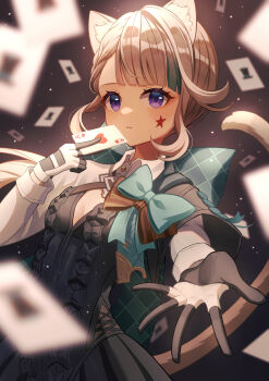 1girl absurdres ace_(playing_card) ace_of_hearts animal_ears black_gloves bow breasts brown_hair card cat_ears cat_girl cat_tail commentary_request expressionless facial_mark genshin_impact gloves green_bow heart highres holding holding_card kuro015896 looking_at_viewer lynette_(genshin_impact) parted_lips playing_card purple_eyes solo star_(symbol) star_facial_mark tail two-tone_gloves white_gloves