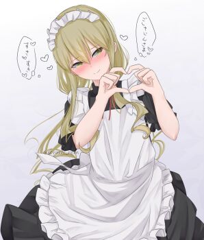 1boy blonde_hair blush cowboy_shot crossdressing crossdressing_(mtf) frills heart heart_hands long_hair maid maid_headdress male_focus male_maid mixed-language_commentary original puffy_short_sleeves puffy_sleeves short_sleeves skirt solo sorami_rem speech_bubble trap upper_body