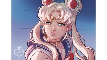 1girl bishoujo_senshi_sailor_moon blonde_hair blue_eyes blue_sailor_collar choker circlet commentary derivative_work double_bun film_grain hair_bun highres long_hair meme munrou parted_lips red_choker sailor_collar sailor_moon sailor_moon_redraw_challenge_(meme) screenshot_redraw solo sweatdrop thick_eyebrows tsukino_usagi twintails watermark