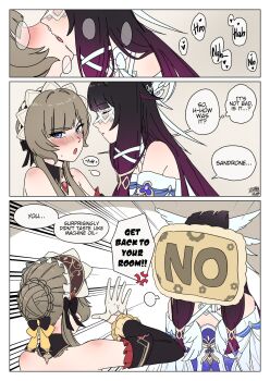 Rule 34 | anger vein, black collar, black sleeves, blush, closed eyes, collar, columbina (genshin impact), detached collar, dress, english text, eye mask, feathered wings, french kiss, genshin impact, hair ornament, head wings, headdress, heart, highres, kiss, mask, multicolored hair, multiple wings, open mouth, purple streaks, sandrone (genshin impact), see-through clothes, see-through mask, short hair with long locks, tongue, ushia, white dress, white headdress, white mask, white wings, wing hair ornament, wings, x-shaped eyewear, yes-no pillow, yuri