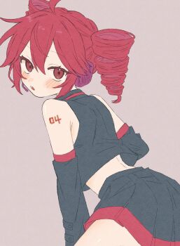Rule 34 | 1girl, bare shoulders, commentary request, detached sleeves, drill hair, grey shirt, grey skirt, highres, kasane teto, kasane teto (utau), komori kamome, looking at viewer, midriff, miniskirt, pleated skirt, red eyes, red hair, shirt, signature, simple background, skirt, sleeveless, sleeveless shirt, solo, twin drills, utau