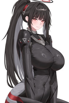 1girl absurdres arms_between_legs black_bodysuit black_hair black_halo blue_archive blunt_bangs bodysuit breasts bright_pupils closed_mouth colored_inner_hair commentary covered_navel english_commentary grey_hair halo headgear highres katrinabluuuuu large_breasts looking_at_viewer multicolored_bodysuit multicolored_hair multicolored_halo official_alternate_costume ponytail red_eyes ring_light_reflection ringed_eyes rio_(armed)_(blue_archive) rio_(blue_archive) sidelocks simple_background sitting smile solo two-tone_bodysuit two-tone_halo white_background white_pupils