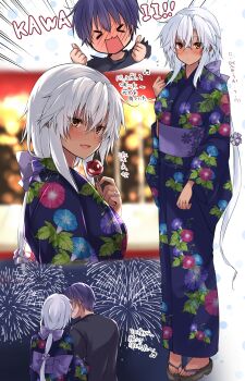 1boy 1girl absurdres aerial_fireworks alternate_costume artist_self-insert black_shirt blush breasts candy_apple dark-skinned_female dark_skin festival fireworks floral_print food grey-framed_eyewear grey_hair hair_between_eyes hair_ornament highres holding_candy_apple holding_food japanese_clothes kantai_collection kimono large_breasts long_hair mashiro_yukiya musashi_(kancolle) obi red_eyes sash semi-rimless_eyewear shirt smile summer_festival yukata