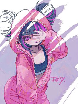 1girl artist_collaboration black_bra black_hair blunt_bangs blush bra character_name colorized commentary_request covering_one_eye double_bun flat_chest hair_bun han_juri han_juri_(sf6_outfit_3) highres hood hood_up jumpsuit looking_at_viewer marumaru1902 multicolored_hair nail_polish official_alternate_costume onesie open_onesie pink_jumpsuit purple_eyes purple_hair solo sports_bra streaked_hair street_fighter street_fighter_6 two-tone_hair underwear