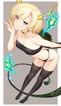 1girl alternate_costume antlers bandeau black_bandeau black_panties black_thighhighs blonde_hair breasts denim denim_shorts dragon_girl dragon_horns dragon_tail full_body green_scales grey_background hataraki_kuma highres horns kicchou_yachie leaning_forward looking_at_viewer medium_hair otter_spirit_(touhou) panties shorts small_breasts smile tail thighhighs touhou turtle_shell underwear