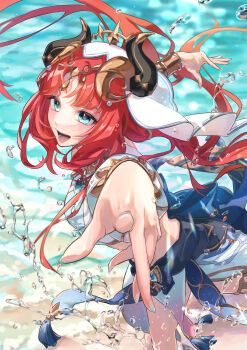 1girl :d absurdres blue_gemstone brooch circlet commentary_request crop_top dancer dancing fake_horns floating_hair gem genshin_impact gold_trim hair_ornament harem_outfit highres horns jewelry leg_up long_sleeves neck_ring nilou_(genshin_impact) open_mouth puffy_long_sleeves puffy_sleeves red_hair shishamo_(4731) smile solo veil water_drop white_veil