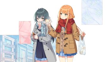 2girls bag blonde_hair blush bottle buttons cardigan coat food gakuen_idolmaster game_cg green_eyes green_hair hair_ornament hairclip holding idolmaster multicolored_hair multiple_girls neck_ribbon official_art orange_hair pleated_skirt ribbon scarf shirt shiun_sumika skirt steam tsukimura_temari white_shirt