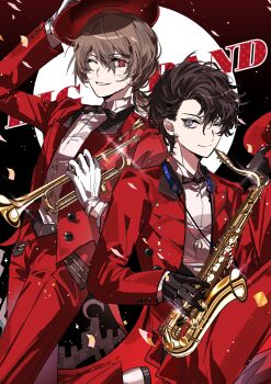 Rule 34 | 2boys, ;), akechi gorou, alto saxophone, amamiya ren, arm up, black bow, black bowtie, black gloves, black hair, bow, bowtie, brown hair, building print, closed mouth, coat, coattails, collared shirt, commentary, confetti, fedora, glint, gloves, grey eyes, grin, hair between eyes, hat, highres, holding, holding instrument, holding saxophone, holding trombone, holding unworn clothes, holding unworn hat, instrument, lapels, leg up, light particles, long sleeves, looking at viewer, low ponytail, male focus, medium hair, metoerwarrior, multiple boys, official alternate costume, one eye closed, open clothes, open coat, pants, peaked lapels, persona, persona 5, ponytail, print coat, red coat, red eyes, red hat, red pants, saxophone, shirt, shoes, short hair, smile, standing, standing on one leg, symbol-only commentary, trombone, unworn hat, unworn headwear, white gloves, white shirt, white shoes, wing collar