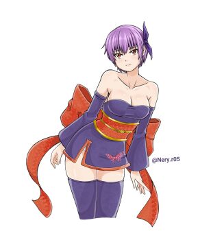 1girl ayane_(doa) bare_shoulders breasts cleavage dead_or_alive detached_sleeves dress highres large_breasts long_sleeves neryr05 panties purple_hair red_eyes short_dress short_hair sleeveless thighhighs underwear white_background