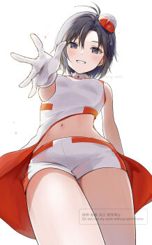 1girl antenna_hair black_eyes black_hair blush breasts commentary from_below garrison_cap gloves grin hat highres idolmaster idolmaster_(classic) kikuchi_makoto looking_at_viewer looking_down mini_hat mogskg navel shirt short_hair shorts simple_background sleeveless sleeveless_shirt smile solo standing twitter_username two-tone_headwear two-tone_shirt two-tone_shorts voy@ger_(idolmaster) watermark white_background white_gloves white_shorts