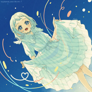 Rule 34 | 1girl, :d, blue eyes, blue ribbon, blush, braid, chiri sousu, commentary request, dress, dutch angle, feet out of frame, gakuen idolmaster, grey hair, hair ribbon, half up braid, highres, idolmaster, katsuragi lilja, looking down, official alternate costume, open mouth, pinstripe dress, pinstripe pattern, ribbon, ribbon braid, short hair, signature, skirt hold, smile, solo, wake up!! (idolmaster), white dress, white hair