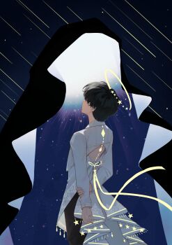 1boy absurdres arms_behind_back back_cutout black_hair clothing_cutout coat commentary_request floating_clothes glowing halo hand_on_own_arm head_tilt highres kim_dokja meteor night omniscient_reader&#039;s_viewpoint sanjinmogufufu secretive_plotter short_hair sky star_(sky) starry_sky unworn_clothes white_coat yoo_joonghyuk