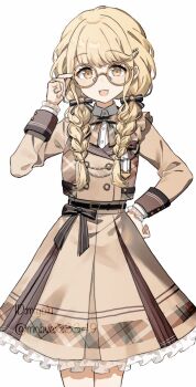 1girl adjusting_eyewear alternate_costume bespectacled black_ribbon blonde_hair bow bowtie braid brown_bow brown_bowtie brown_jacket brown_skirt cowboy_shot fang fujita_kotone gakuen_idolmaster glasses hair_ribbon hand_on_own_hip highres idolmaster jacket long_hair long_sleeves looking_at_viewer low_twin_braids migolu open_mouth plaid_bow plaid_bowtie plaid_clothes ribbon shirt simple_background skirt smile solo twin_braids twitter_username white_background white_shirt yellow_eyes