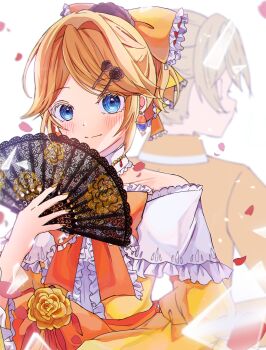 allen_avadonia back-to-back backlighting blonde_hair blue_eyes blush bow brother_and_sister collarbone collared_jacket colored_eyelashes commentary_request dress earrings falling_petals fan_to_mouth frilled_dress frilled_sleeves frills glass_shards hair_bow hair_ornament hairclip hand_fan high_ponytail highres holding holding_fan jacket jewelry kagamine_len kagamine_rin looking_at_viewer off-shoulder_dress off_shoulder orange_bow orange_jacket petals ponytail riliane_lucifen_d&#039;autriche siblings sidelocks smile solo_focus stomacher swept_bangs tsfl0017 twins updo vocaloid wide_sleeves yellow_bow yellow_dress yellow_nails