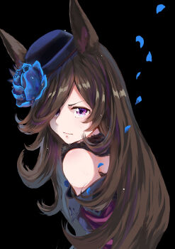1girl absurdres animal_ears black_background blue_flower blue_hat blue_petals blue_rose brown_hair closed_mouth commentary_request falling_petals flower fur_collar hair_over_one_eye hat hat_flower highres horse_ears horse_girl long_hair looking_at_viewer looking_back matsukuzu petals purple_eyes rice_shower_(rosy_dreams)_(umamusume) rice_shower_(umamusume) rose simple_background solo umamusume upper_body v-shaped_eyebrows