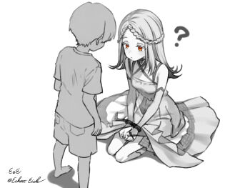 1boy 1girl ? age_difference barefoot bound bound_wrists closed_mouth commentary_request dress eckert&amp;eich gakuen_idolmaster gradient_hair greyscale highres idolmaster monochrome multicolored_hair onee-shota orange_eyes shinosawa_hiro shirt shorts signature sitting spot_color twitter_username white_background