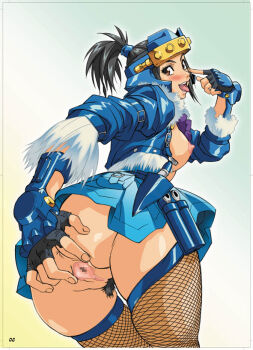 1girl anus artist_request ass black_hair blue_vest breasts censored fingerless_gloves fishnet_legwear fishnets gauntlets gloves headwear_request kunai looking_back mooning ninja nipples ponytail pubic_hair pussy skirt spread_pussy tongue tongue_out vest weapon