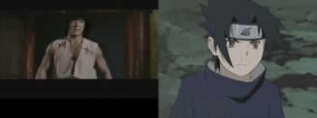 2boys animated animated_gif battle black_hair comparison derivative_work fighting fighting_stance headband jackie_chan multiple_boys naruto_(classic) naruto_(series) photo_(medium) photo_inset red_eyes reference_inset reference_photo reference_work serious short_hair uchiha_sasuke