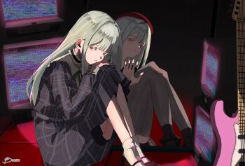 2girls 7-string_guitar ankle_socks bang_dream! bang_dream!_it's_mygo!!!!! beret black_shoes black_socks bvanian center-flap_bangs choker closed_mouth colored_eyelashes commentary_request dark_background different_reflection dress dual_persona extended_range_guitar frilled_choker frilled_socks frills full_body green_hair green_ribbon grey_dress grey_pantyhose guitar hair_between_eyes hand_on_mirror hand_on_own_knee hand_up hat highres knees_up korean_commentary legs_together long_hair long_sidelocks long_sleeves looking_at_another looking_to_the_side mary_janes medium_dress mirror mortis_(bang_dream!) mortis_(costume)_(bang_dream!) mortis_(persona)_(bang_dream!) multiple_girls mutsumi/mortis_headspace neck_ribbon on_floor pantyhose parted_lips plaid_clothes plaid_dress red_hat red_shorts reflection ribbon schecter_guitar shoes shorts side-by-side sidelighting sidelocks sideways_glance sitting socks static television wakaba_mutsumi white_socks yellow_eyes