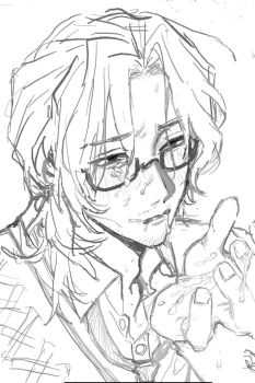 Rule 34 | 1boy, absurdres, after fellatio, beard stubble, blush, collarbone, collared shirt, cum, cum in mouth, cum on body, cum on eyewear, cum on fingers, cum on hands, cum on male, cum string, dress shirt, dripping, eyes visible through hair, facial, facial hair, formal clothes, from side, glasses, gregor (project moon), greyscale, hair intakes, half-closed eyes, hand up, highres, limbus company, long hair, looking ahead, low ponytail, lower teeth only, male focus, monochrome, necktie, nose blush, out of frame, outstretched hand, parted bangs, parted lips, ponytail, portrait, project moon, semi-rimless eyewear, shirt, simple background, sketch, solo, stubble, suit, tattoo, teeth, under-rim eyewear, upper body, vest, white shirt, wing collar, yaoi