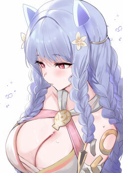1girl animal_ears bikini blue_hair blush braid breasts closed_mouth fire_emblem fire_emblem_heroes flower hair_flower hair_ornament haru_(nakajou-28) heidrun_(fire_emblem) heidrun_(summer)_(fire_emblem) highres large_breasts long_hair nintendo official_alternate_costume red_eyes simple_background solo sweat swimsuit white_background white_flower