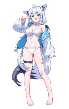 Rule 34 | 1girl, :d, absurdres, alternate costume, animal ears, barefoot, bikini, blue eyes, blush, braid, breasts, commentary request, deaver, extra ears, feet, fox ears, fox girl, fox shadow puppet, fox tail, full body, highres, hololive, jacket, looking at viewer, medium breasts, navel, open clothes, open jacket, open mouth, pentagram, revision, shirakami fubuki, side-tie bikini bottom, simple background, single braid, sleeves past wrists, smile, solo, swimsuit, tail, thigh strap, thighs, toes, virtual youtuber, white background, white bikini, white jacket