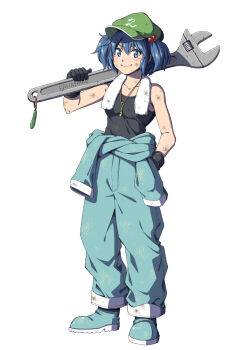 1girl black_gloves blue_eyes blue_hair blue_shoes dirty dirty_clothes dirty_face full_body gloves green_hat hat highres holding holding_wrench inuno_rakugaki jewelry jumpsuit jumpsuit_around_waist kawashiro_nitori key key_necklace looking_at_viewer necklace oversized_object puffy_pants shoes simple_background smile solo touhou towel towel_around_neck two_side_up white_background wrench